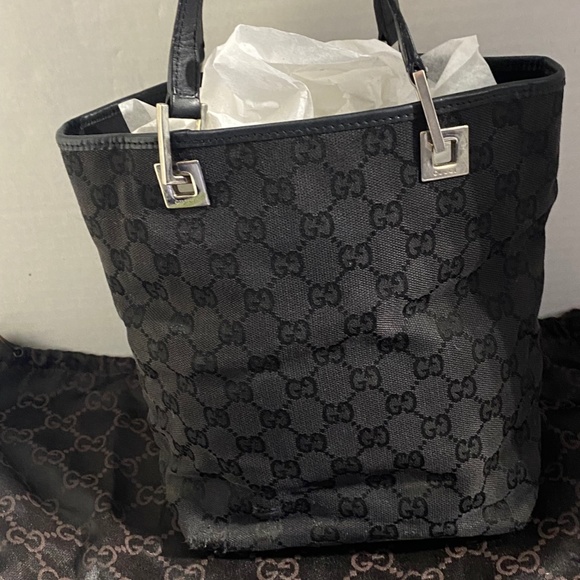 AUTHENTIC Gucci Black Monogram Canvas Tote Bucket Bag - Picture 3 of 11